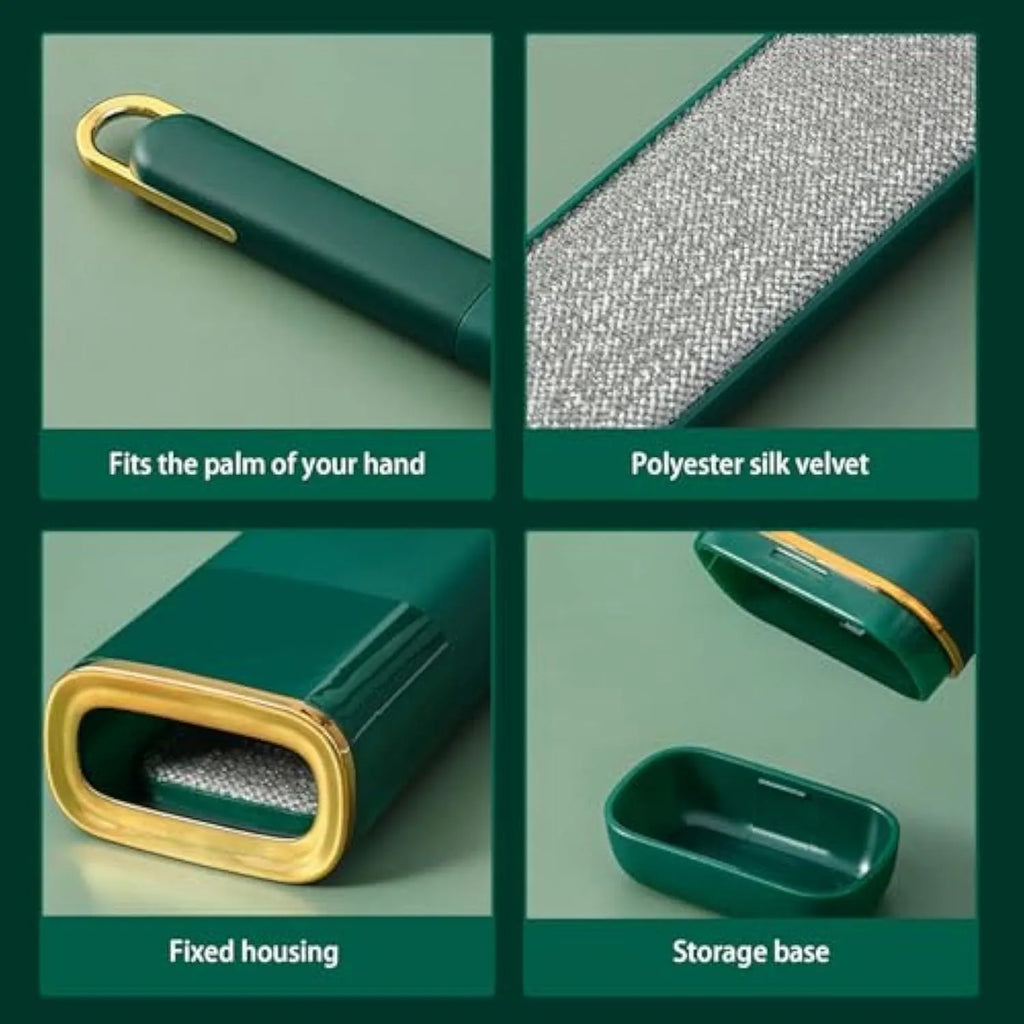 Reusable pet hair remover brush with a plush head and storage base, shown in blue, green and white colour options.