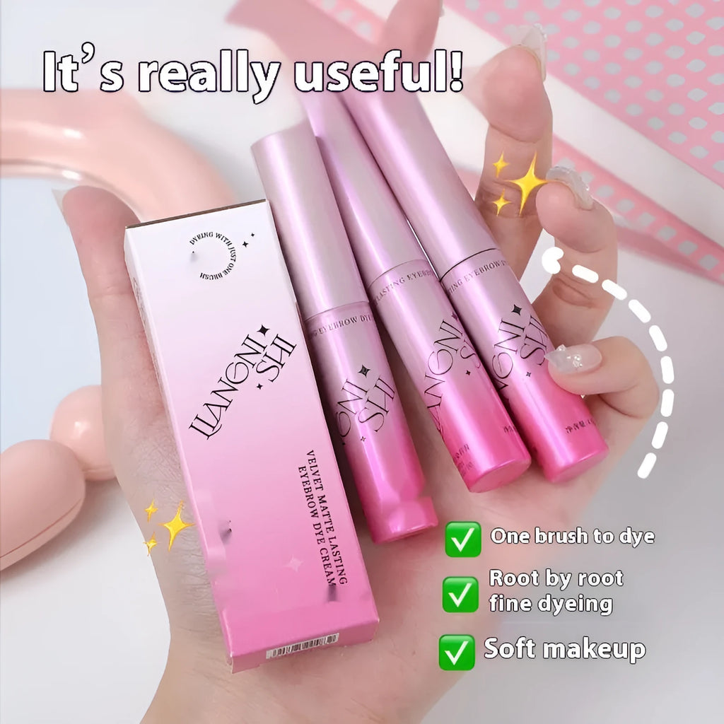 Eyebrow cream in container showing four matte shade options including milk coffee coconut palm