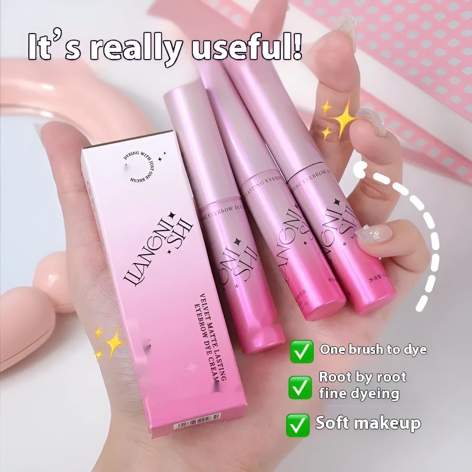 Eyebrow cream in container showing four matte shade options including milk coffee coconut palm