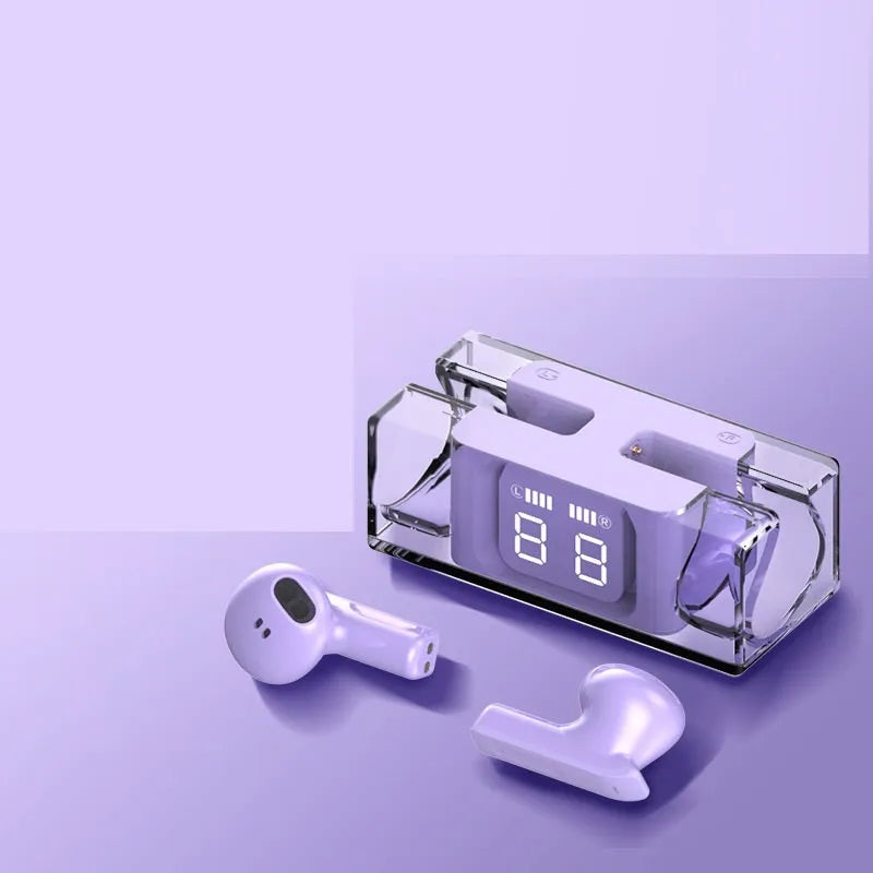 Wireless sports headset with earplug design showing colour options and Type-C charging port