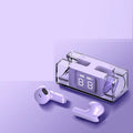 Wireless sports headset with earplug design showing colour options and Type-C charging port