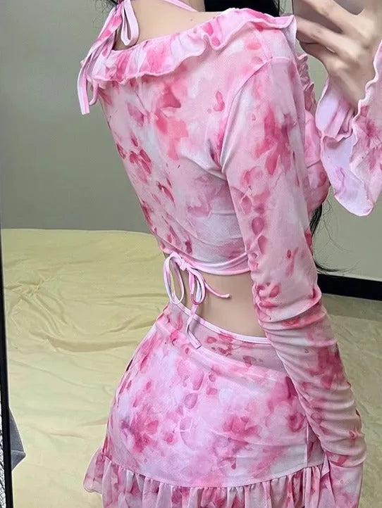 Women's cherry blossom pink floral bikini set for beach and hot spring swimming