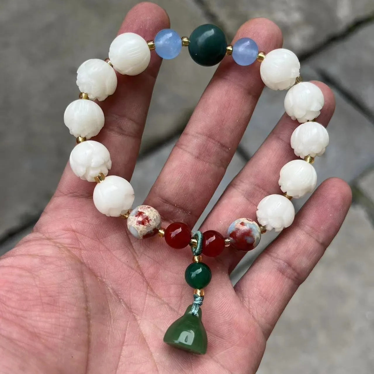Carved bodhi root pumpkin lotus bracelet with white jade beads and mixed sizing
