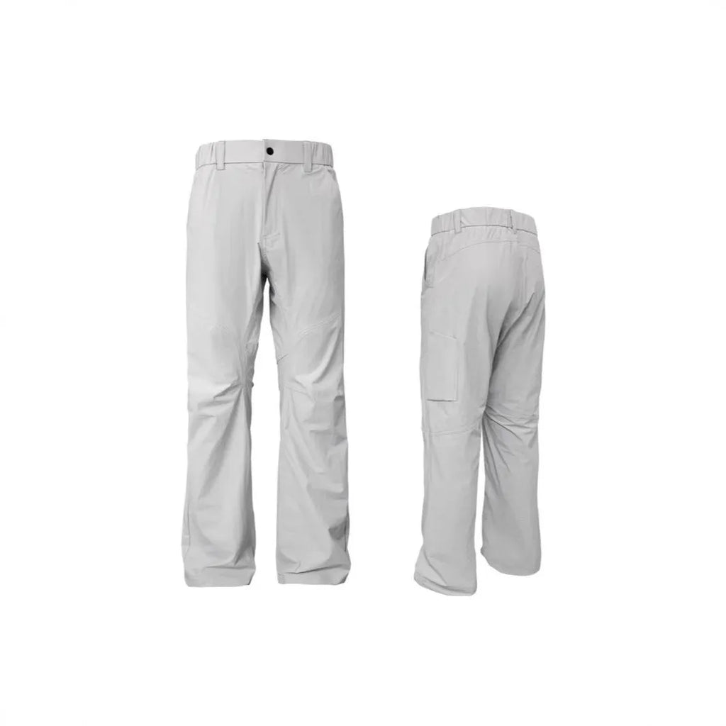 Men's straight-leg casual trousers in a neutral colour on a hanger, showing the mid-waist and elasticated waistband detail.
