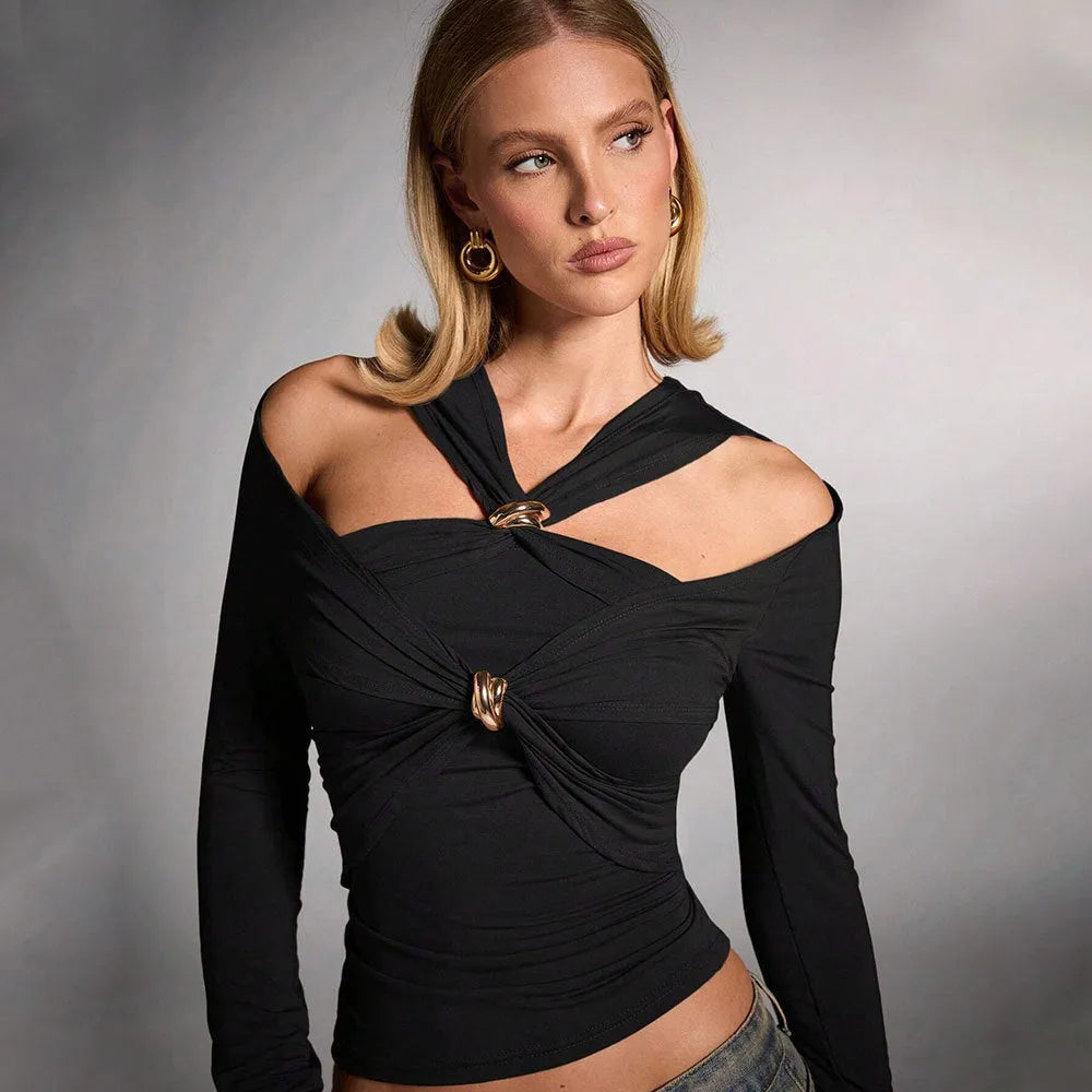 Black women's halter top with shoulder-baring neckline and long sleeves