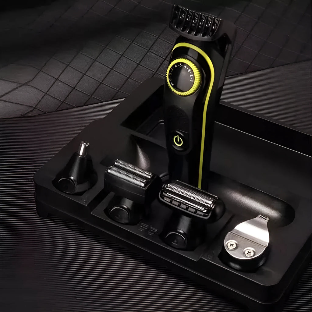 Black KM-696 rechargeable electric hair clipper with USB charging cable and cleaning brush