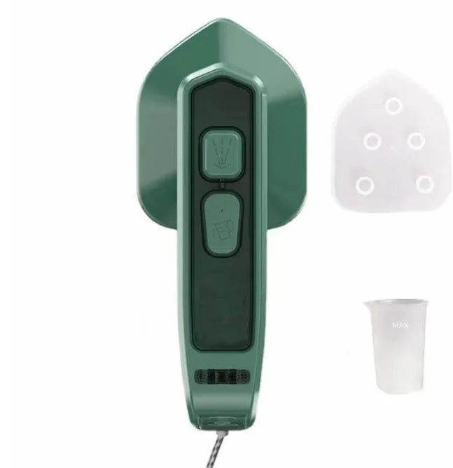 Dark green portable hanging steam iron machine with ceramic panel, shown for scale next to a mobile phone.