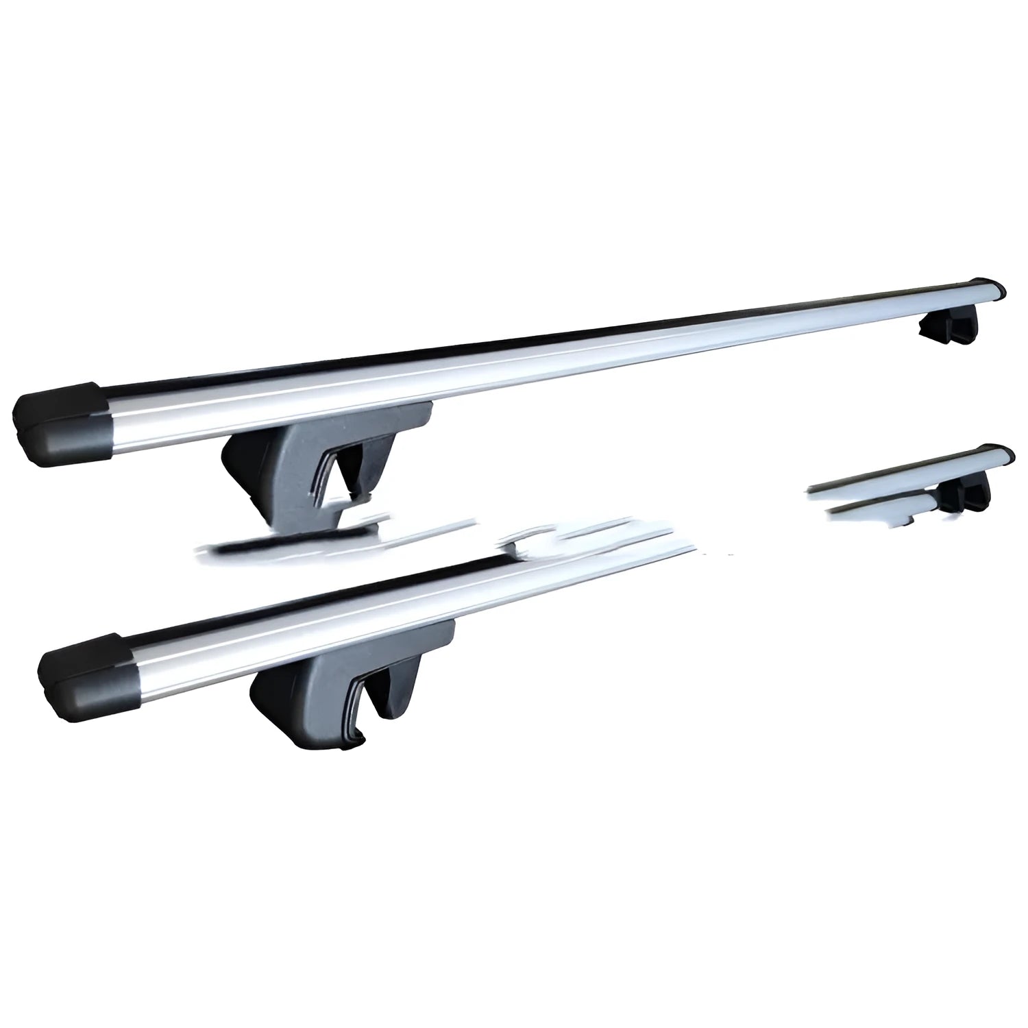 Alloy roof rack crossbars for a General Motors SUV, shown with adjustable length and mounting hardware.