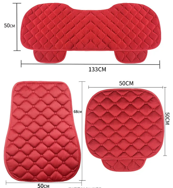 Cotton ringer plush car seat cushion in burgundy colour on a car seat.