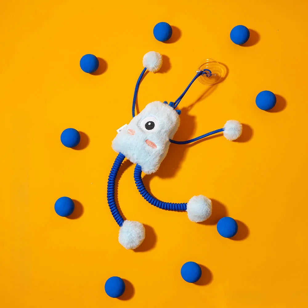 Blue plush telescopic elastic cat toy with a metal mint bell on a 30cm elastic rope.