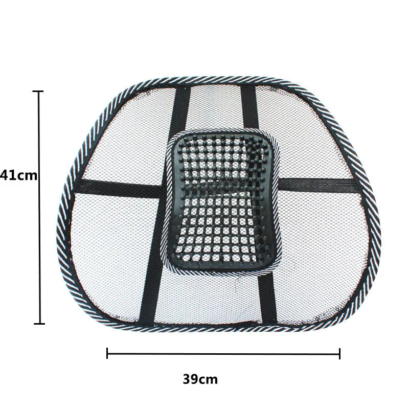Black car lumbar support pillow showing dimensions of 41cm by 39cm with steel frame construction