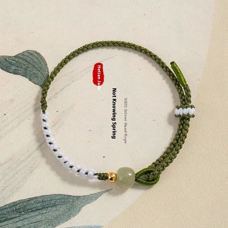 Hetian jade and sterling silver national tide bracelet with adjustable cord strap in spring green