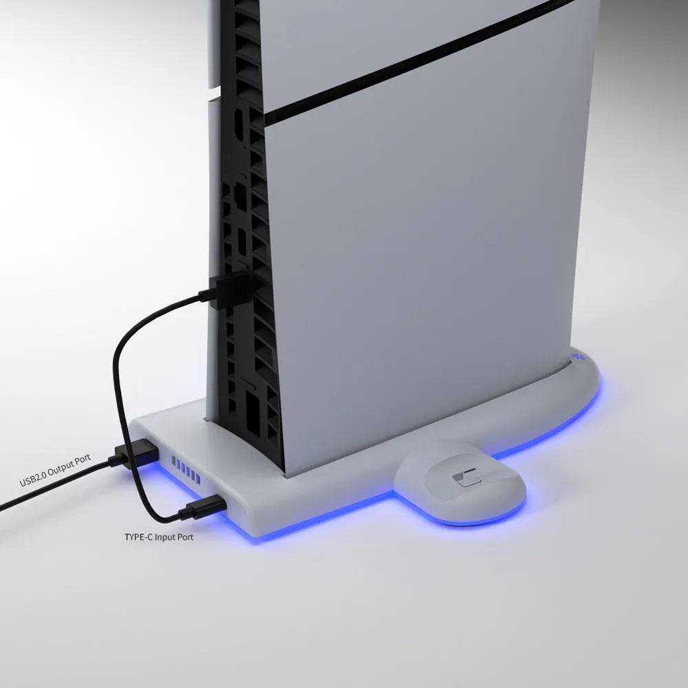 White PS5 Slim charging dock with RGB ambient light and handle mounting