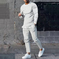 Men's solid colour polyester two-piece lounge set with long sleeve T-shirt and trousers