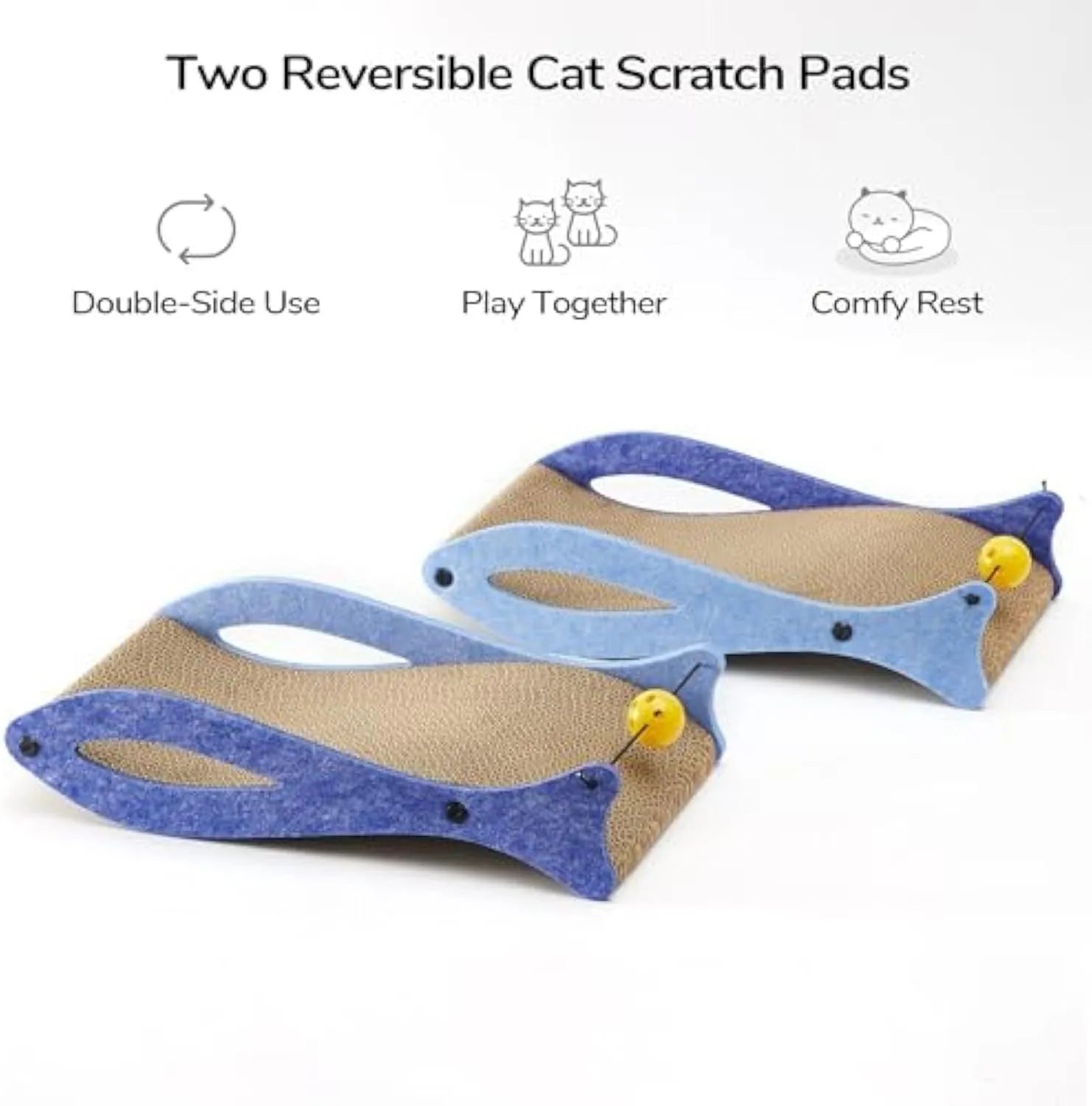 Blue fish-shaped cardboard cat scratcher with bell toys on elastic cord for indoor furniture protection