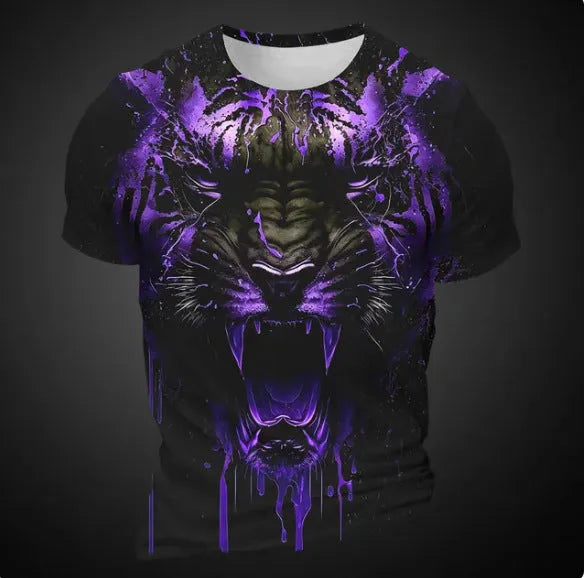 Men's short sleeve T-shirt with 3D tiger pattern digital print on thin polyester bird eye cloth