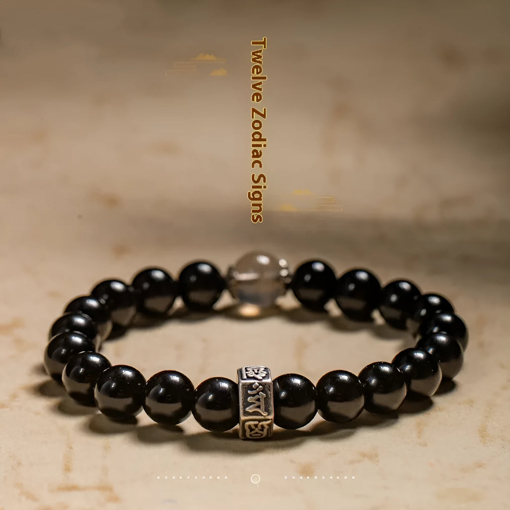 8mm diameter obsidian zodiac bracelet with hand-carved animal modelling in ethnic style