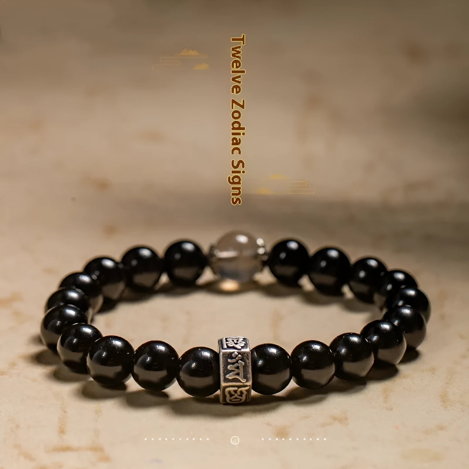 8mm diameter obsidian zodiac bracelet with hand-carved animal modelling in ethnic style