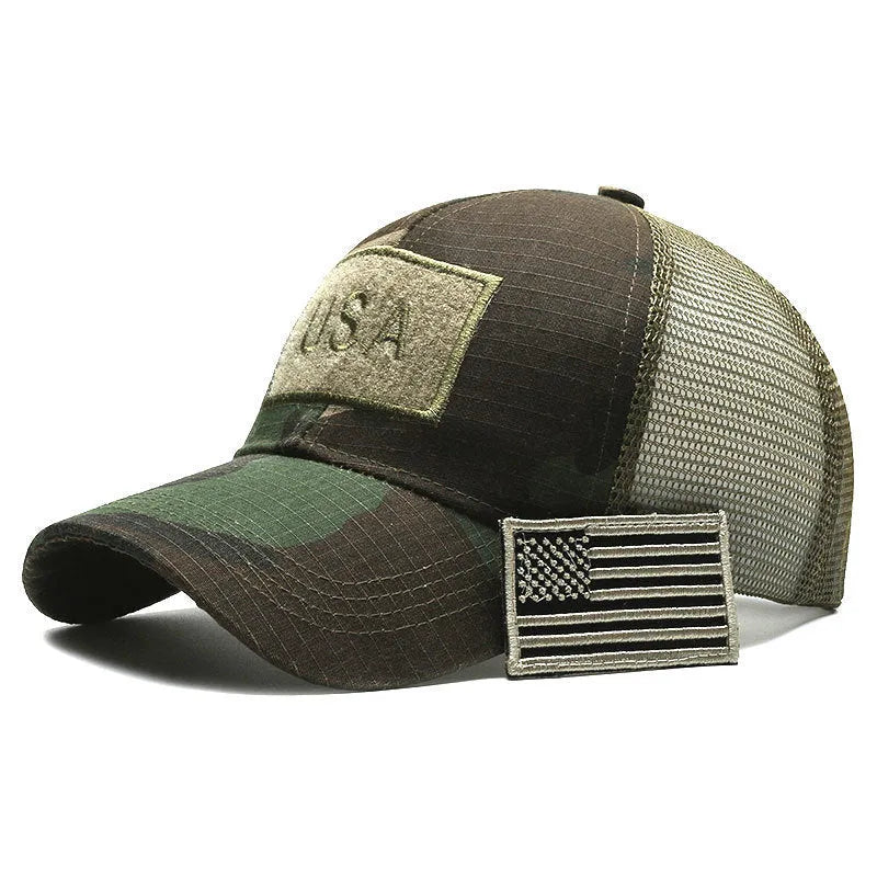 Adjustable Velcro outdoor baseball hat in tactical camouflage pattern with dome crown