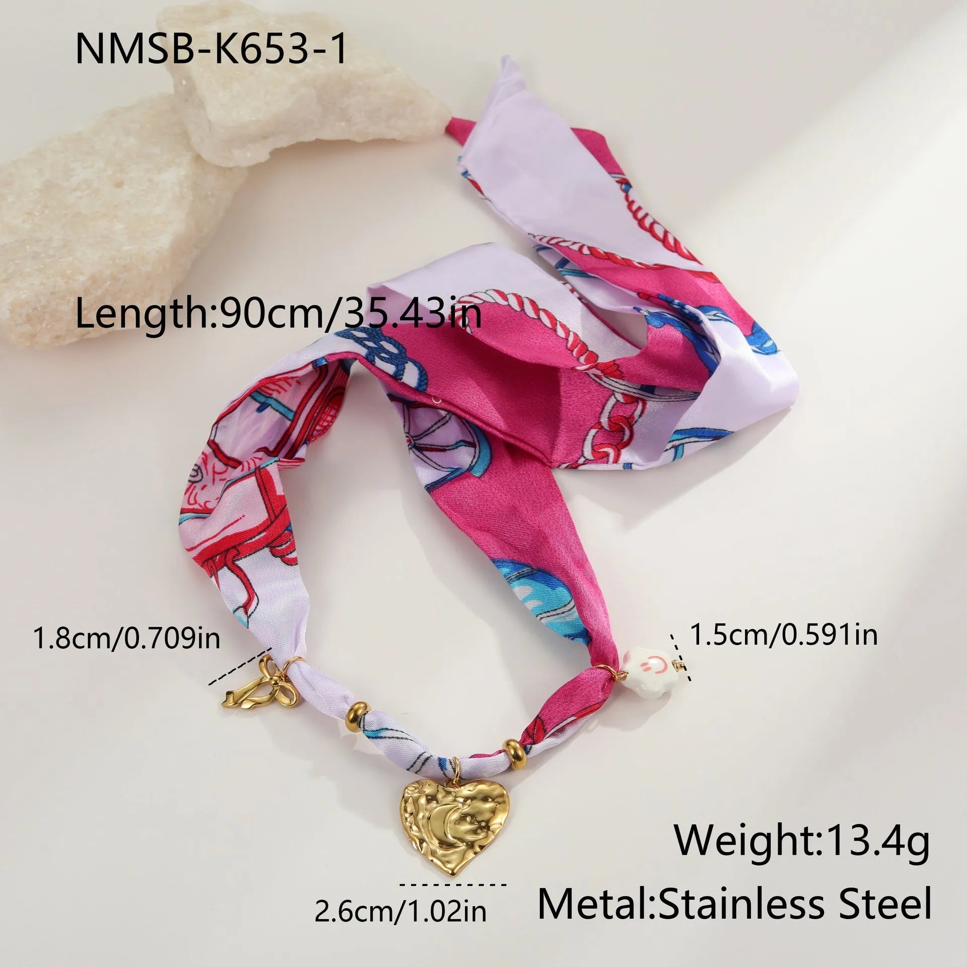 Stainless steel 18K gold-plated necklace and bracelet set with geometric silk scarf pendant