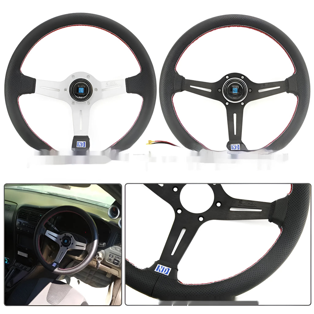 14-inch leather steering wheel with middle concave design showing black skeleton colour option