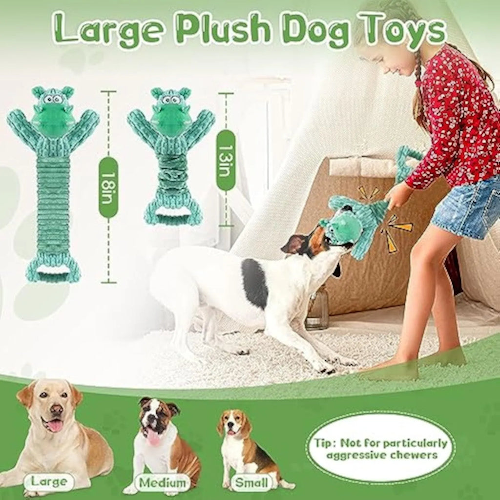 Large plush squeaky dog toy with telescopic handle in hippo or monkey design for interactive indoor play