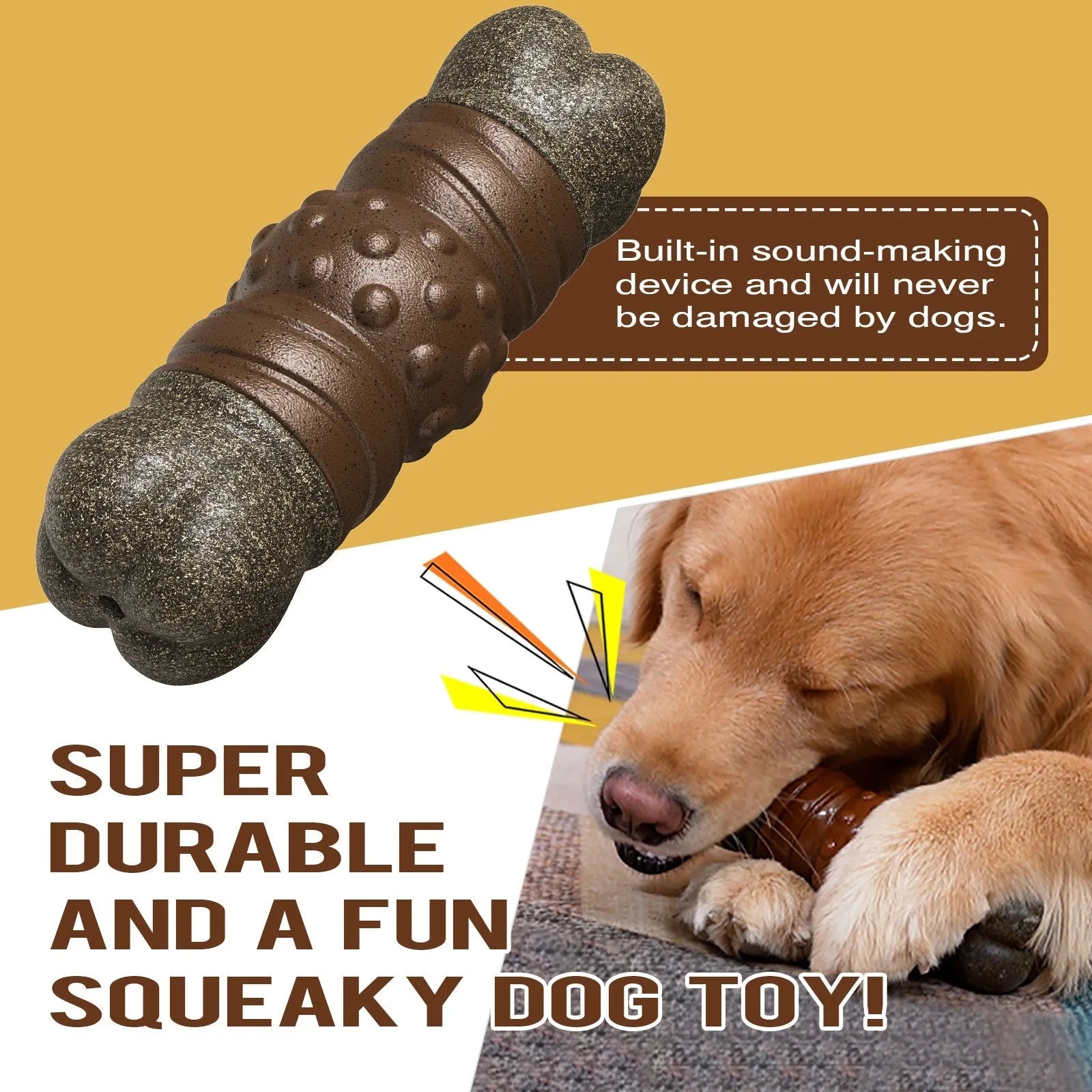 Wood colour plastic sounding bone dog toothbrush with textured molar rod surface for dental hygiene