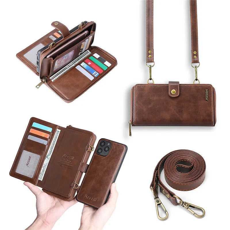 Black detachable magnetic wallet phone case for iPhone and Samsung Galaxy Note on a table.