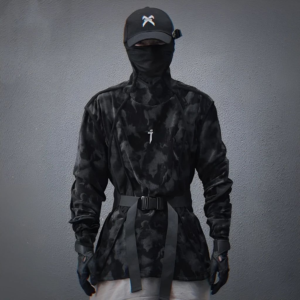 Men's black tie-dye printed sweater with finger turtleneck and drop-shoulder sleeves