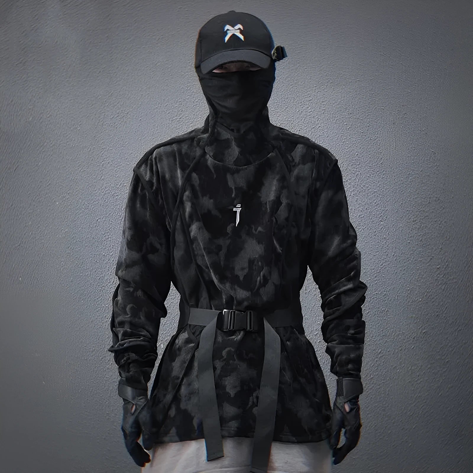 Men's black tie-dye printed sweater with finger turtleneck and drop-shoulder sleeves