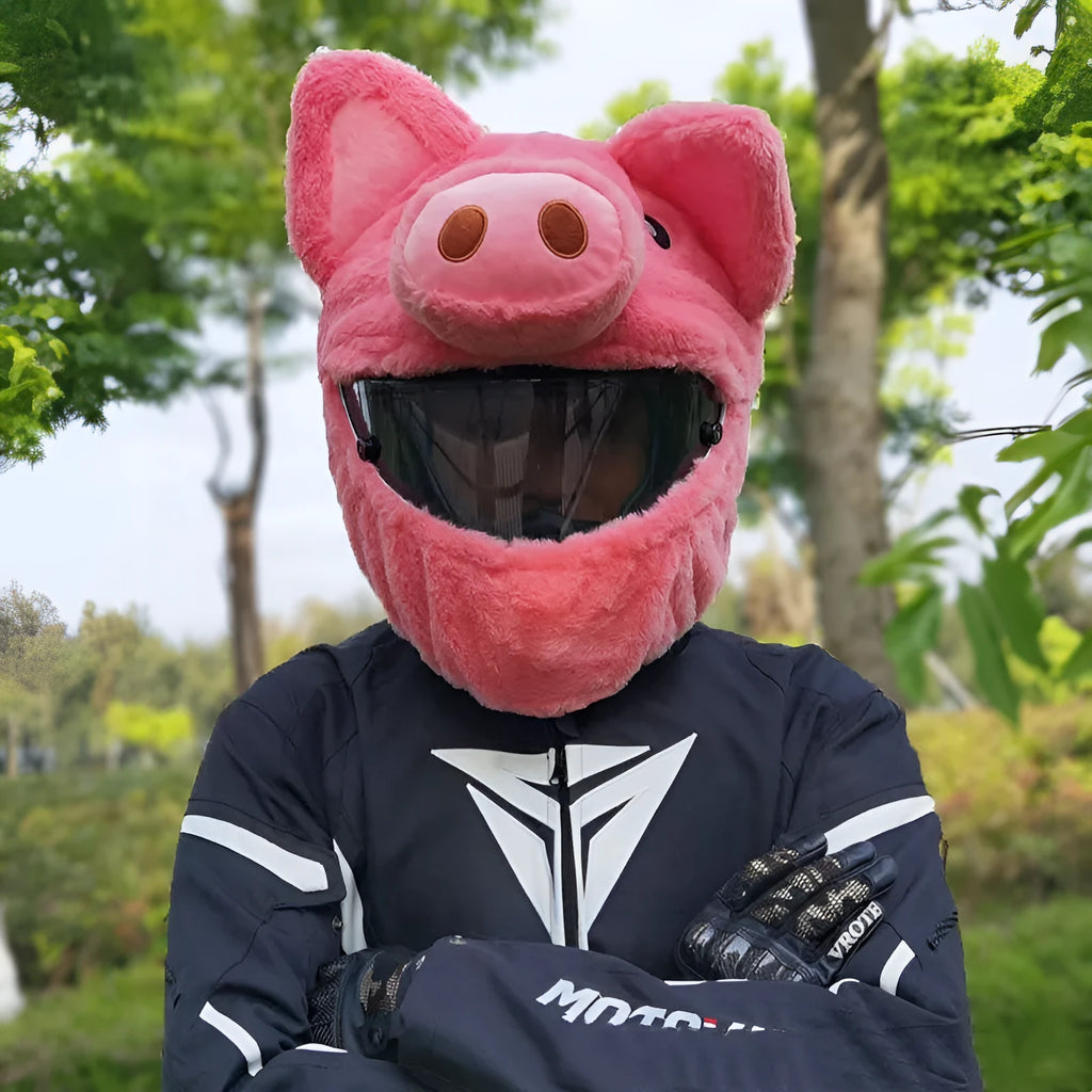 Pink pig cartoon plush helmet protective hood made from PV velvet cloth fabric with protective sleeve