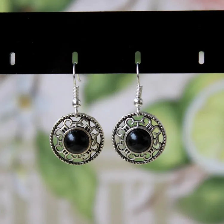 Miao silver retro turquoise flower disk earrings with geometric ethnic patterns
