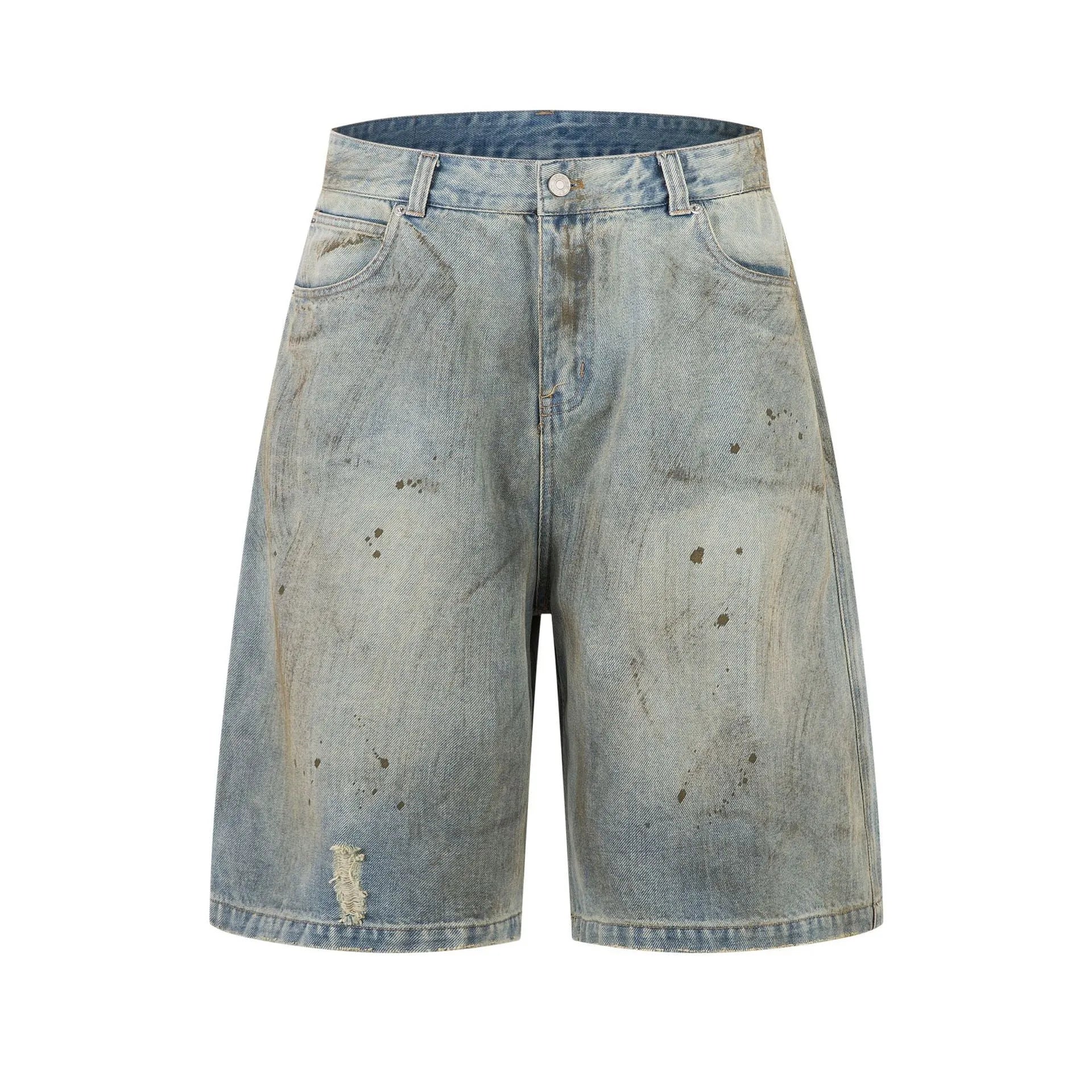Blue cropped denim jeans with straight-leg cut and zipper fly on street fashion background