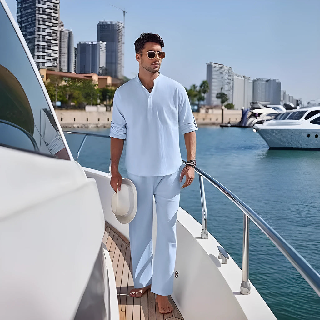Men's cotton casual trousers suit two-piece set in solid colour with long sleeves