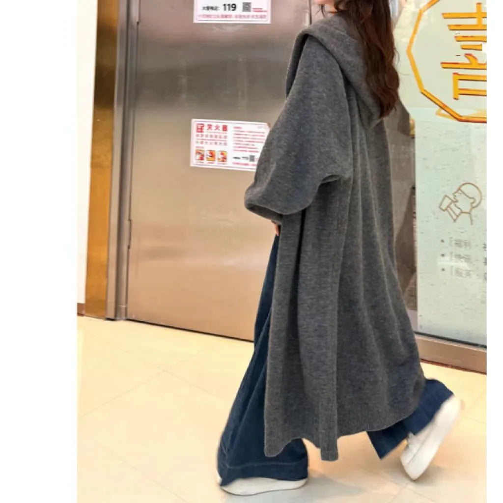 Women's Korean style hooded long knitted cardigan below knee length loose fit
