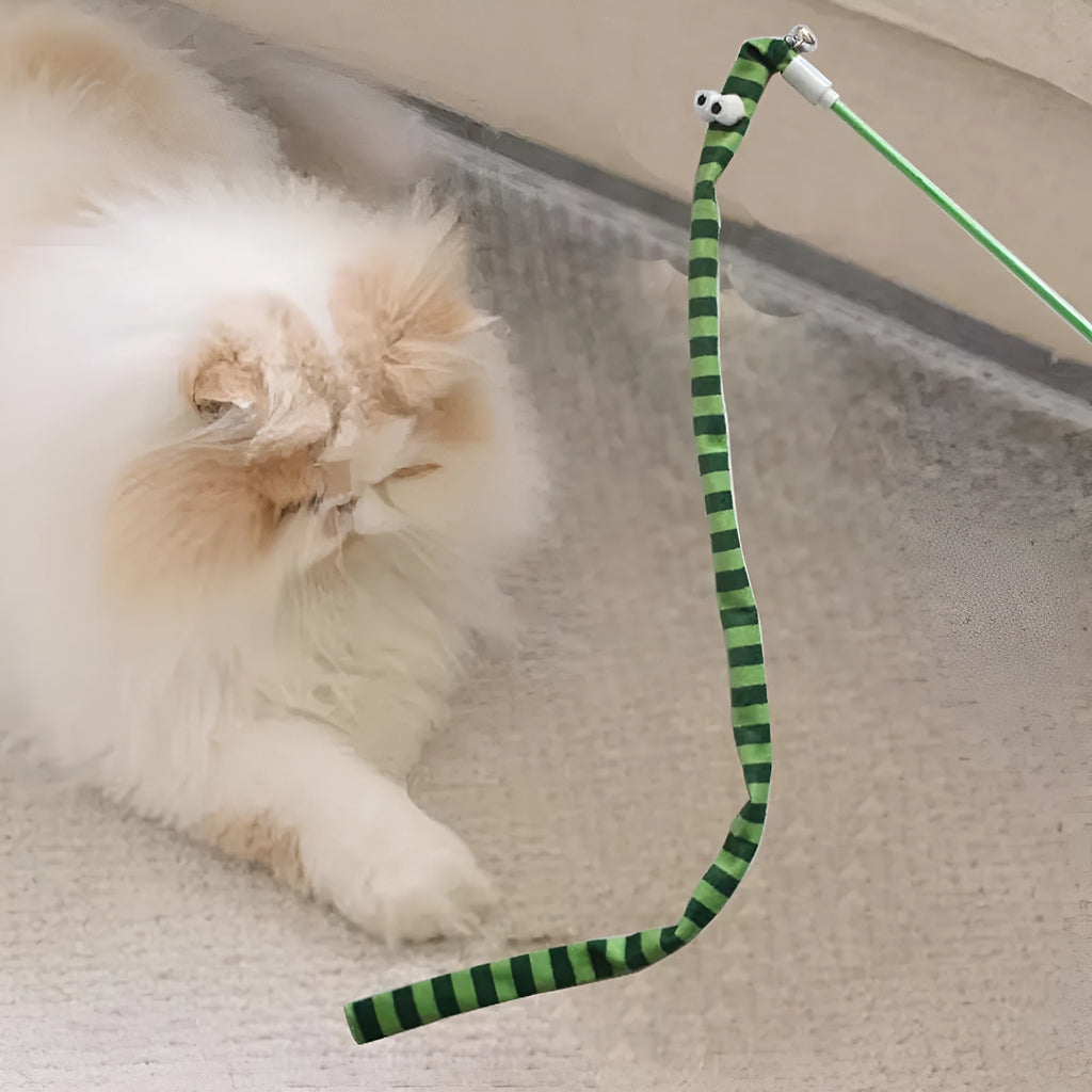 Cat teaser wand toy with a long plush strip and bell on a polycarbonate pole.