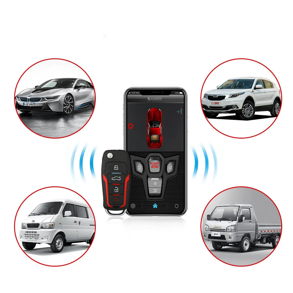 Red and frosted black one-way remote control car alarm with two remotes for vehicle security.