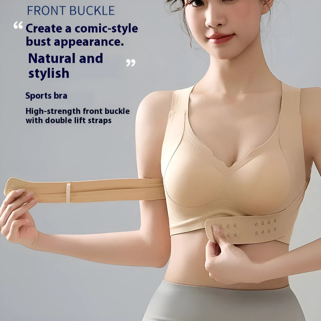 Front buckle sports bra for women in black, white, or liquid foundation colour with back shaping design