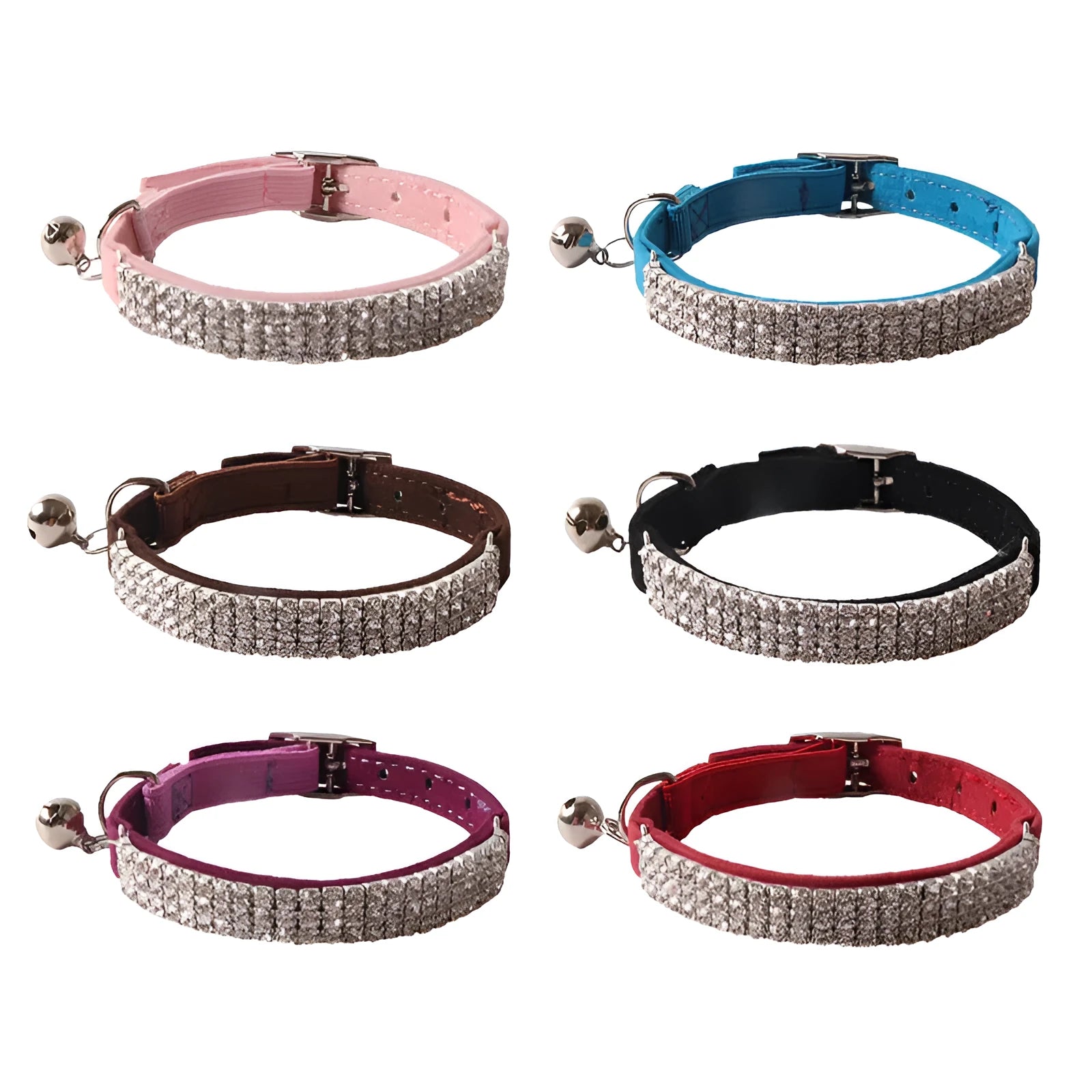 Soft flocking cat collar with an elastic buckle shown in one of six available colours.