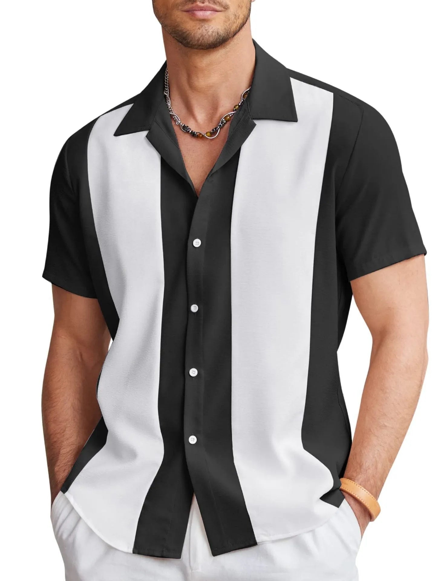 Men's slim fit digital print Hawaiian shirt in elastic polyester fabric on a model.