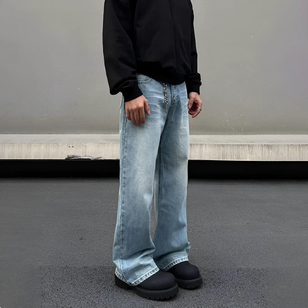 Men's blue straight jeans with retro whisker washing and flared leg style