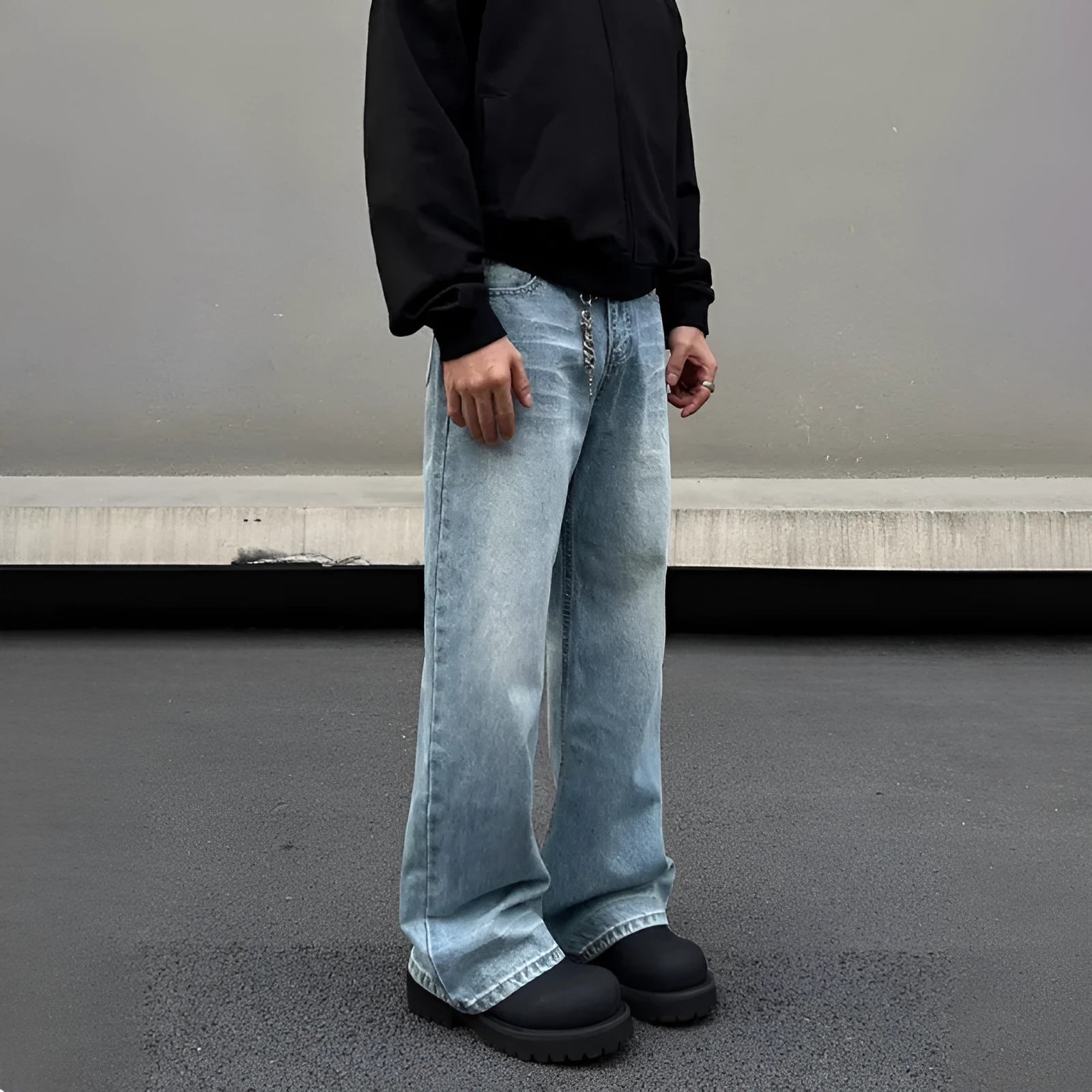 Men's blue straight jeans with retro whisker washing and flared leg style
