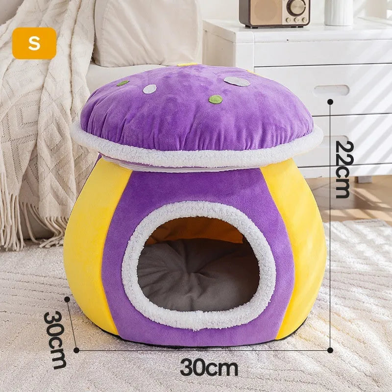 Mushroom-shaped plush cat bed in grey, pink, or purple colours with thermal construction