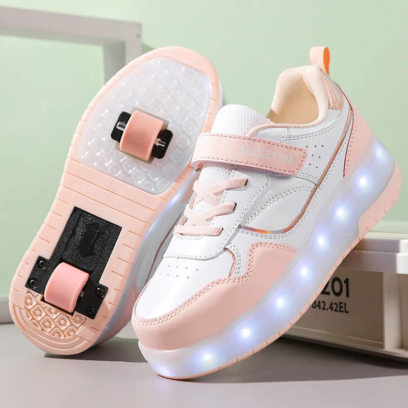 Kids' LED light-up roller skates with rechargeable wheels in pink, showing both two-wheel and four-wheel design options.