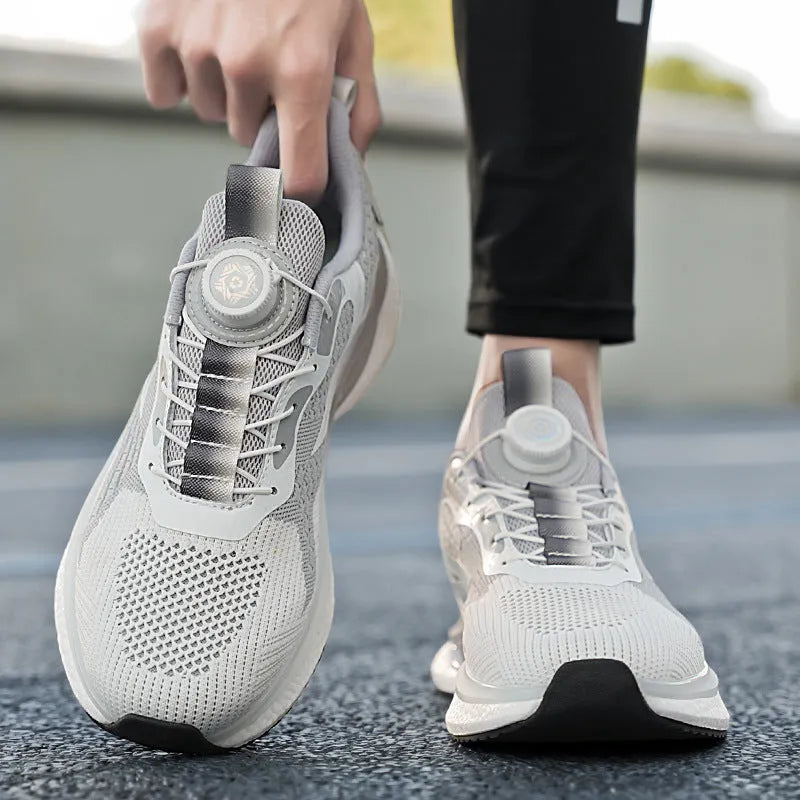 Men's rotating button closure running shoes in Korean style with breathable mesh upper