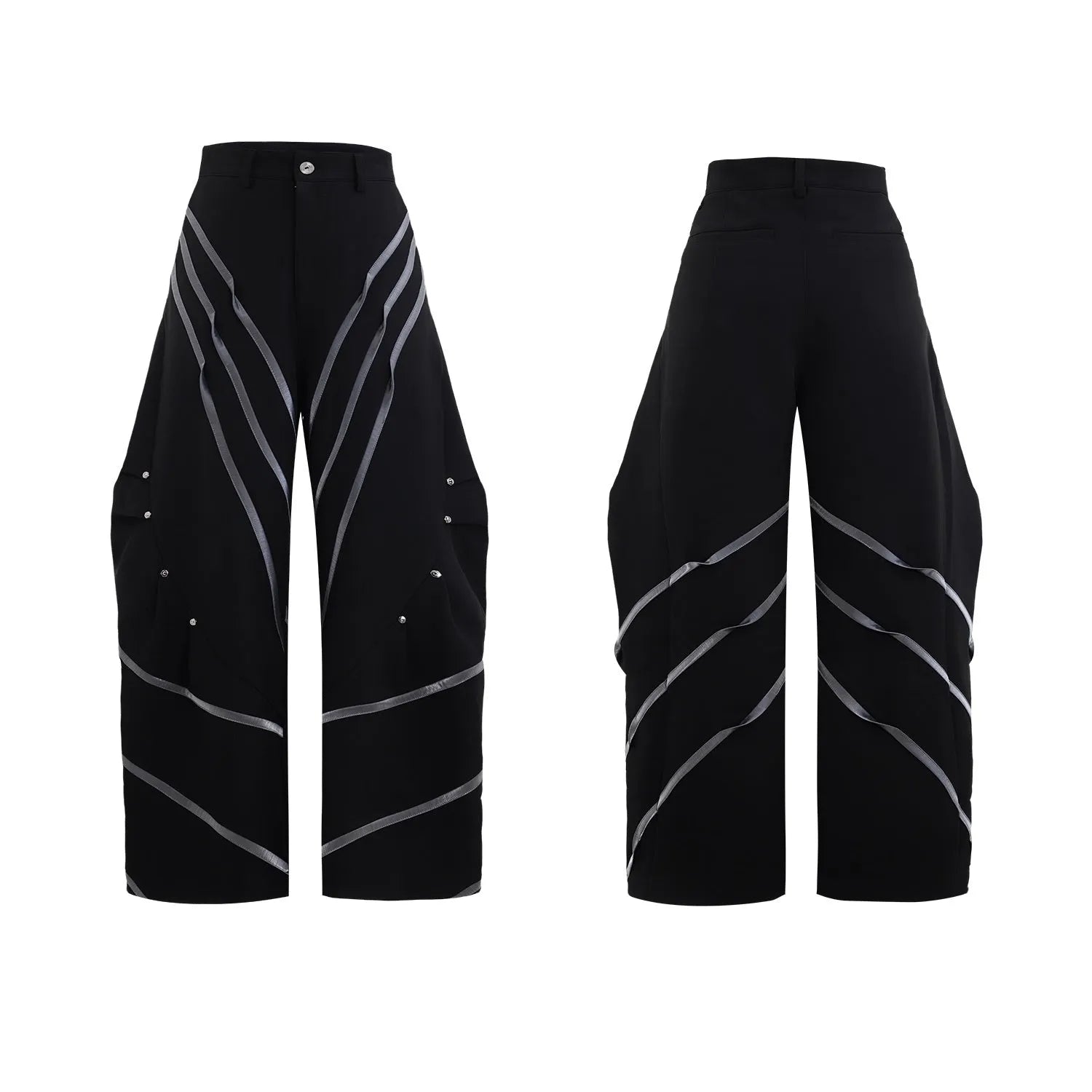 Men's polyester trousers with metal striped rivet pleats and three-dimensional cutting in black or white