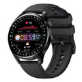 Black smart watch with 1.32-inch circular screen and silicone wristband for health monitoring.