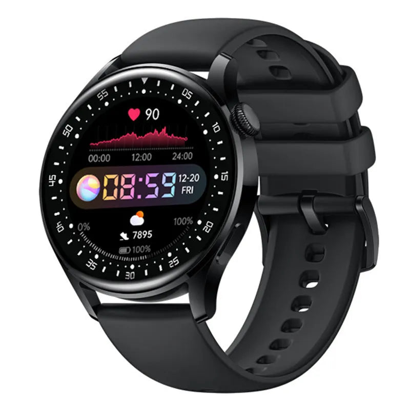 Black smart watch with 1.32-inch circular screen and silicone wristband for health monitoring.