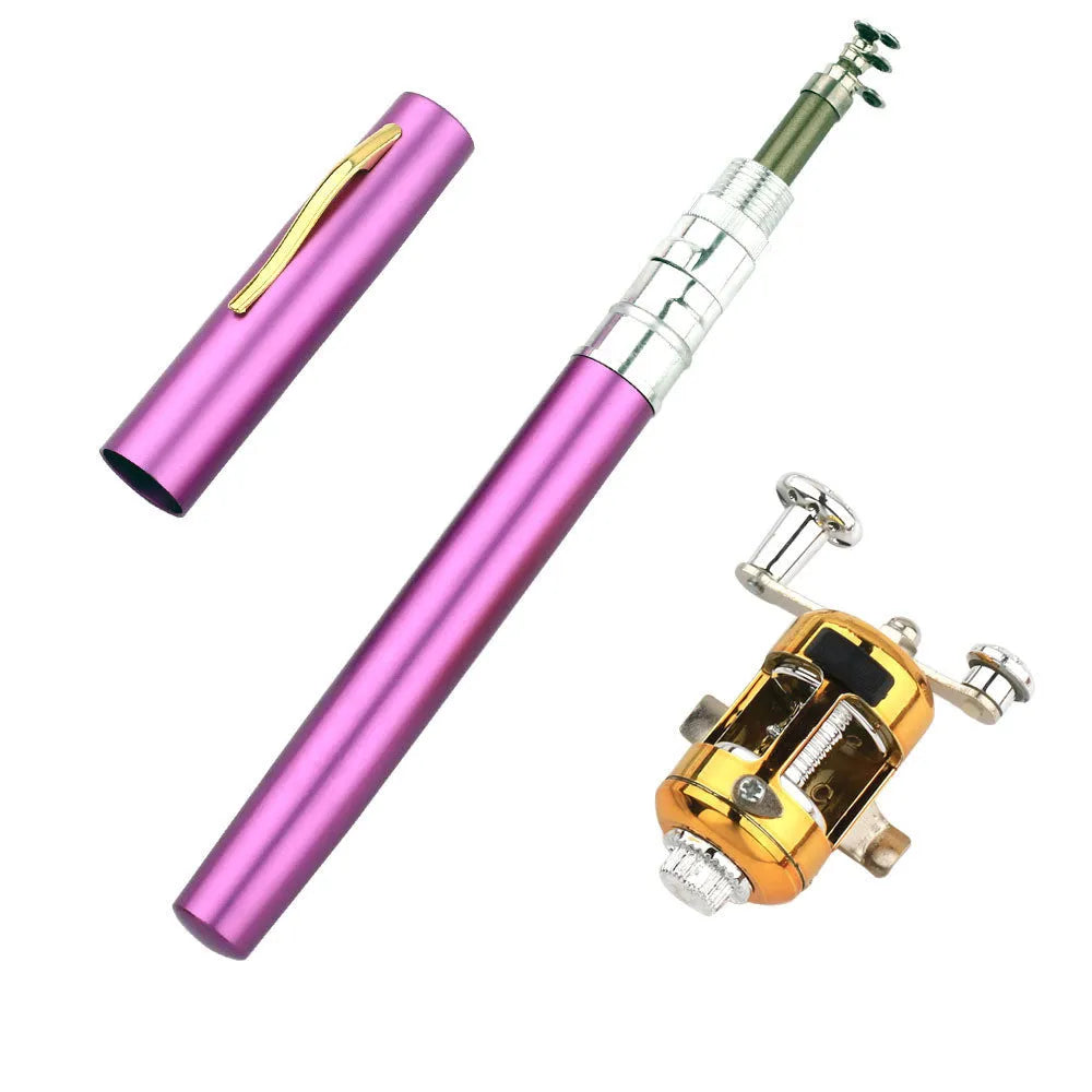 Gold telescopic pocket fishing rod extended to 1m next to its 20.5cm collapsed form and ST5RL spinning reel.