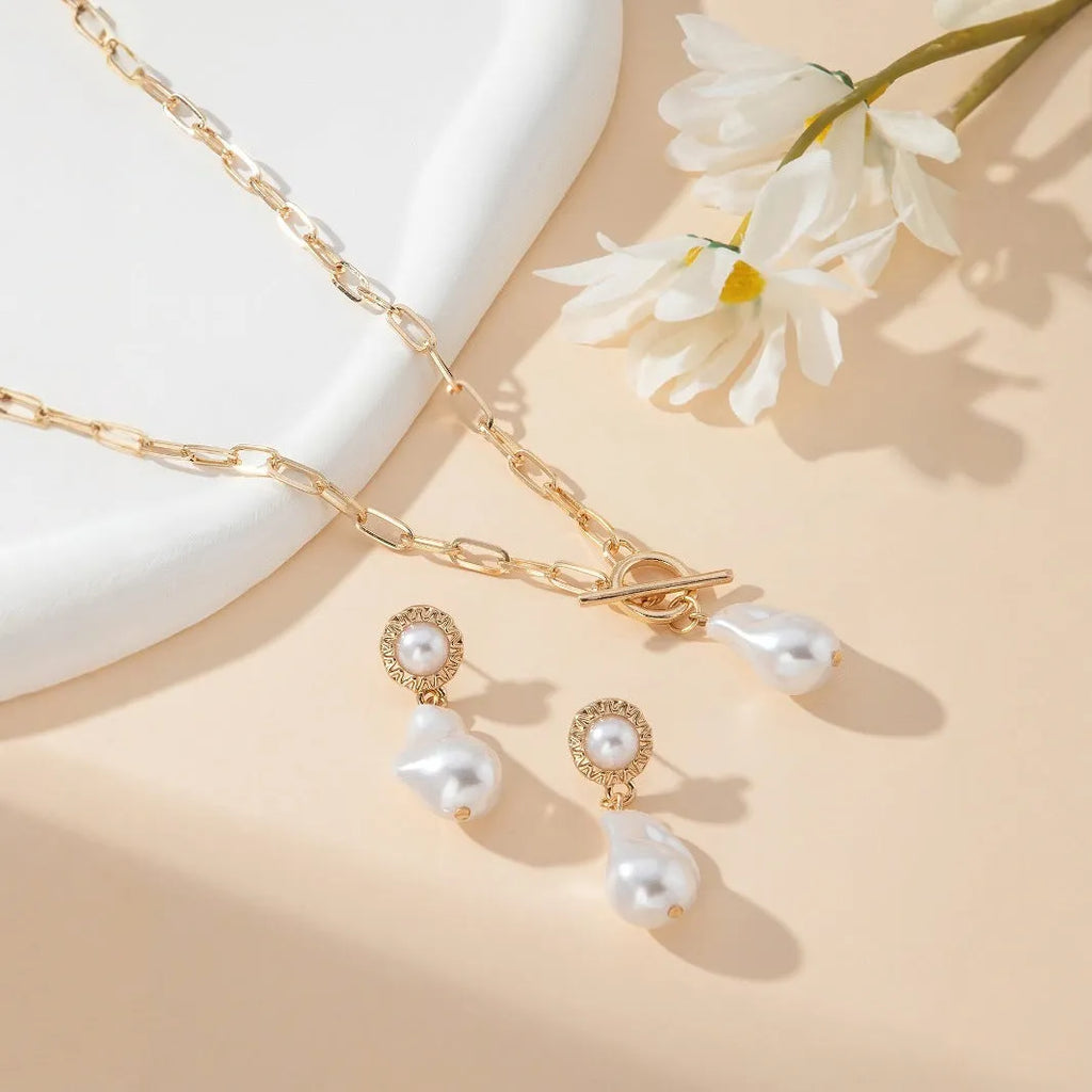 Retro baroque pearl necklace and ear stud set in gold-tone iron jewellery for women